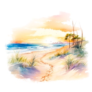 Beach Sunset Clipart PNG, Bundle 25 JPG di alta qualità, Paesaggio ad acquerello, Download digitale, Creazione di cartoline, Supporti misti, Mestiere di carta digitale/ 160