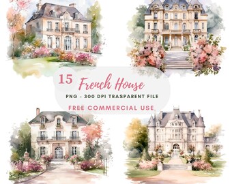 French House Clipart PNG,Bundle 15 High Quality,Watercolor Provence ,Digital Download,Card Making,Mixed Media,Printable Stickers| 423