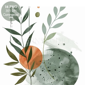Lot de 14 cliparts d'art mural bohème PNG haute qualité, impression aquarelle verte, téléchargement numérique, fabrication de cartes, création numérique en papier | 482