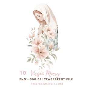 Pacchetto di 11 clipart di Vergine Maria e fiori PNG di alta qualità/Acquerello neutro Santa Maria/Adesivi stampabili Goodnotes/Download digitale/772