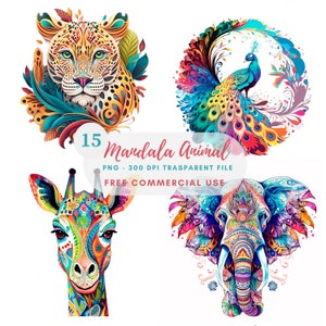 Mandala animaux clipart, lot de 15 PNG haute qualité, aquarelle animal, autocollants imprimables, téléchargement numérique, fabrication de cartes, créations numériques en papier | 383