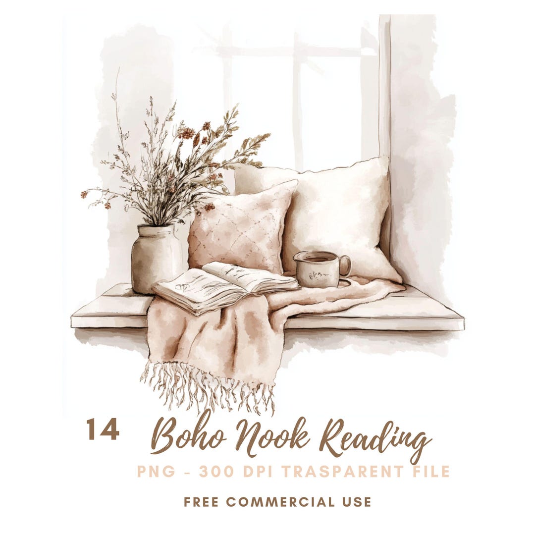 Reading Nook Book Clipart, Bundle 14 High Quality Png,watercolor Boho ...