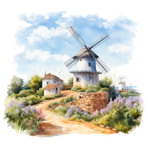 Moulins à vent Provence Clipart PNG, lot de 15 JPG haute qualité, téléchargement numérique, autocollants imprimables, fabrication de cartes, techniques mixtes, créations numériques en papier | 77