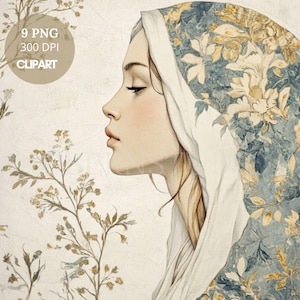 Pacchetto di 9 clipart della Vergine Maria PNG di alta qualità / Acquerello vintage della Santa Maria / Adesivi stampabili Goodnotes / Download digitale / 793