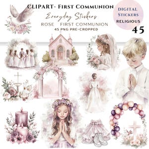 Clipart di Rose Dusty per la Prima Comunione PNG/Pacchetto di acquerelli 45 / Bambina e bambino con rose che pregano/Download digitale/Adesivi stampabili Goodnotes/786
