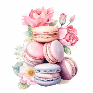Macarons Flower Clipart, Bundle 24 PNG di alta qualità, Adesivi stampabili acquerello dolce Macaron, Download digitale, Creazione di cartoline, Supporti misti/387
