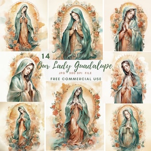 Nostra Signora di Guadalupe Clipart JPG,14 Alta qualità,Acquerello Vergine Maria Download digitale,Creazione di cartoline, Supporti misti, Mestiere di carta digitale/ 252