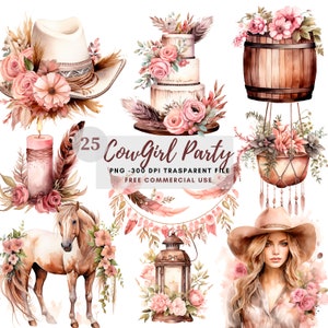 Aquarel Cowgirl Party Clipart PNG, Bundel 25 Hoge kwaliteit JPG, Digitale download, Kaart maken, Digitale papierkunst, Afdrukbare stickers | 72