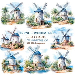 Moulins à vent côte de la mer Clipart PNG, lot de 15 JPG haute qualité, téléchargement numérique, autocollants, fabrication de cartes, techniques mixtes, création numérique en papier | 76