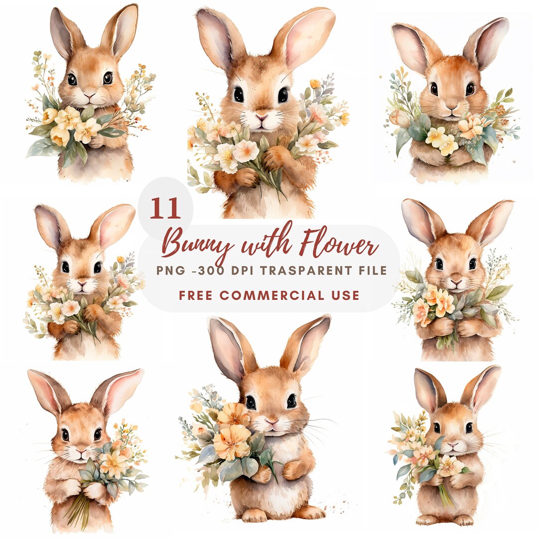 Bunny With Flower Clipart PNG Bundle 11 High Quality, Watercolor Rabbit ...