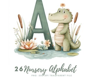 May include: A watercolour illustration featuring the letter 'A' alongside a charming alligator, flowers, and aquatic plants. This image is part of a '26 Nursery Alphabet' collection, ideal for children's rooms or educational resources. The design uses soft, muted colours.