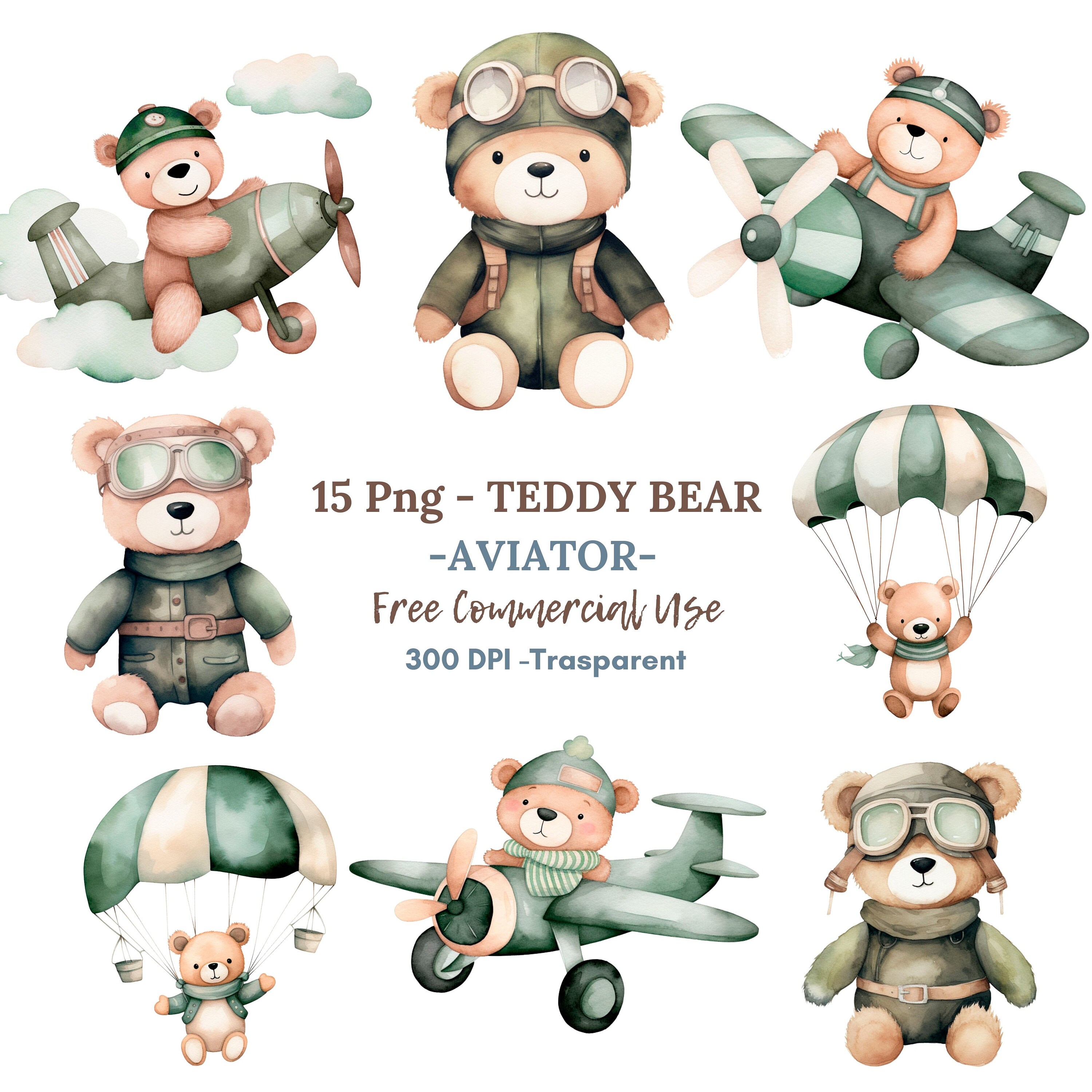 Teddy Bear Aviator Clipart PNG Bundle 15 High Quality Jpg,digital