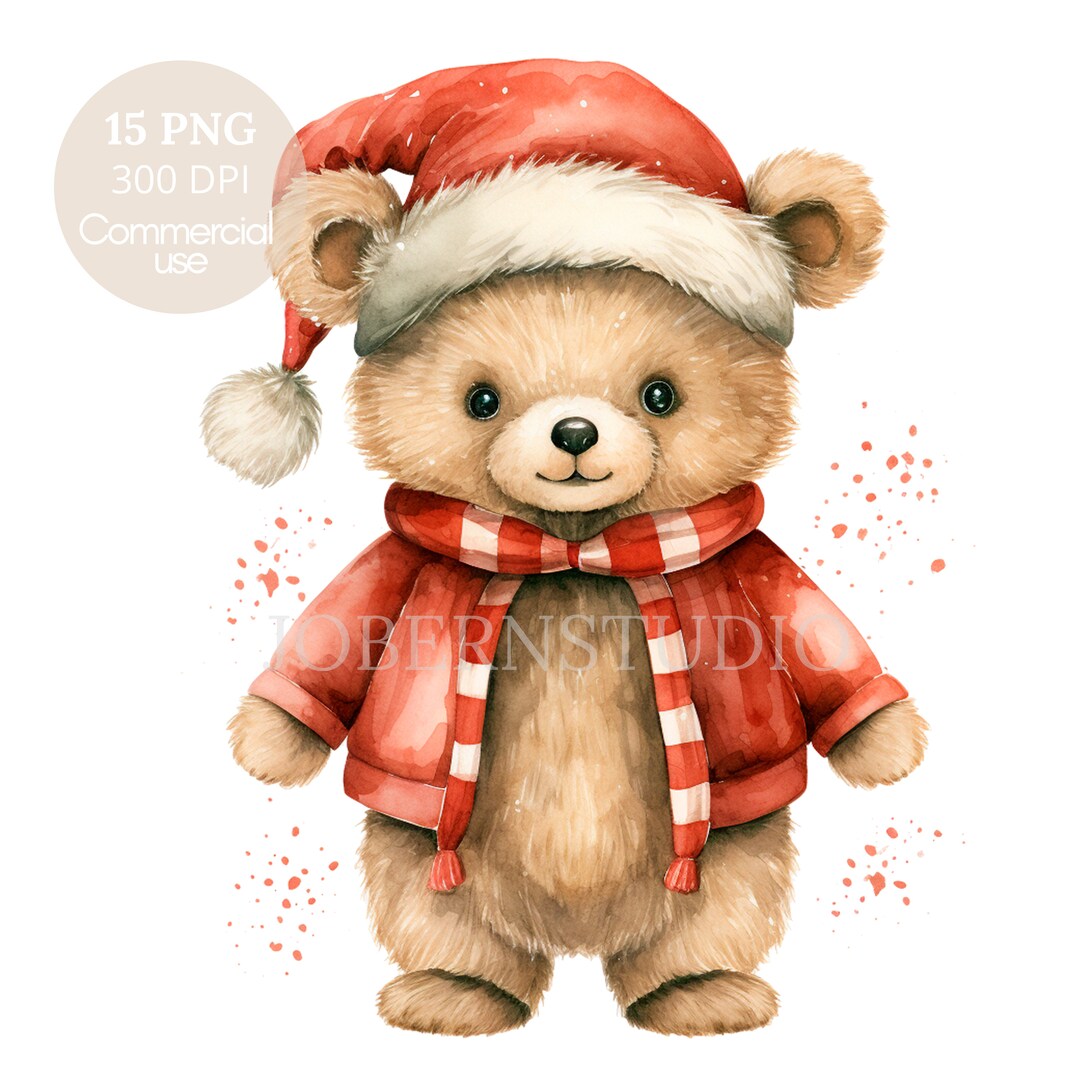 Christmas Teddy Bear, Watercolor Clipart PNG,15 High Quality Jpgs ...