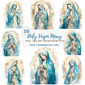 Clipart Vergine Maria, bundle 10 PNG di alta qualità, acquerello vintage Santa Maria, download digitale, creazione di cartoline, supporti misti, creazione di carta digitale/170