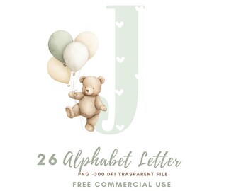 May include: A watercolour illustration of the letter "J" in a pale green, decorated with white hearts. A teddy bear holds pastel-coloured balloons. The text "26 Alphabet Letter" is below the letter, with additional text below.