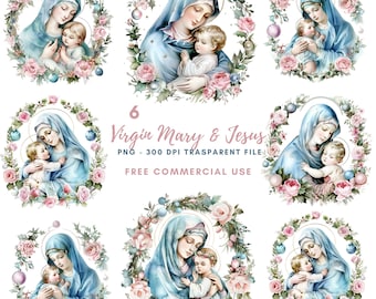 May include: Six watercolour illustrations of the Virgin Mary and baby Jesus. Each image features Mary and Jesus in a blue robe, surrounded by a wreath of pink roses and green leaves. The images are set against a white background.