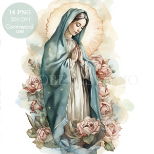 Clipart Nostra Signora Guadalupe, Bundle 14 PNG di alta qualità, Vergine Maria dell'acquerello, Download digitale, Creazione di cartoline, Supporti misti, Carta digitale/370