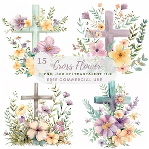 Flower Cross Clipart Bundle 15 PNG di alta qualità,Croce acquerello,Adesivo,Download digitale,Creazione di cartoline,Media misti,Creazione di carta digitale/ 276