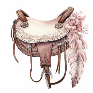 Acquerello Cowgirl Saddle Clipart PNG, Bundle 10 JPG di alta qualità, Download digitale, Creazione di carte, Mestiere di carta digitale, Adesivi stampabili / 165