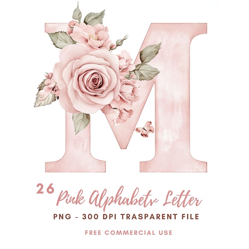 Pink Letterng Pink Floral Alphabet Letter Clipart Bundle 26 PNG, Watercolor Letter ...