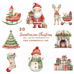 Clipart di Babbo Natale di Natale, Pacchetto 20 PNG di alta qualità, Acquerello scandinavo invernale, Adesivi stampabili Goodnotes, Download digitale/ 580