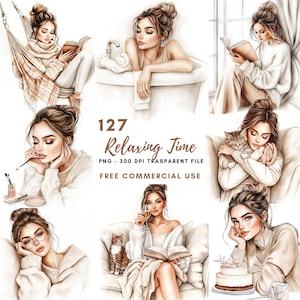 Acquerello Relaxing Time Donna Clipart PNG,Bundle 127 Alta Qualità/Beige Bella Ragazza,Adesivi Stampabili Goodnotes, Download Digitale /657