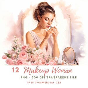 Maquillage femme Clipart PNG Bundle 12 haute qualité, aquarelle fille de jour au spa, téléchargement numérique, fabrication de cartes, création numérique en papier | 462