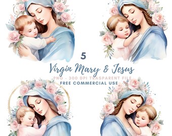 May include: A set of watercolour illustrations depicting Virgin Mary and Jesus. The images show Mary in a blue veil, holding Jesus, surrounded by pink and white flowers. Text reads "Virgin Mary & Jesus".