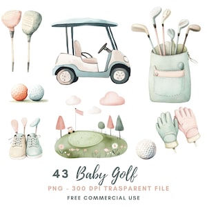 Baby Golf Clipart PNG, Pakiet 46 Wysoka jakość, Akwarela Baby Sport Golf, Pobieranie cyfrowe, Naklejka do druku Goodnotes | 655