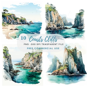 Może przedstawiać: Zestaw 10 akwarelowych ilustracji przedstawiających skaliste klify nad brzegiem morza z turkusową wodą. Ilustracje są w formacie PNG, 300 DPI i są dozwolone do użytku komercyjnego. Tekst "10 Coasts Cliffs" jest napisany w białym polu z niebieskim obramowaniem. Tekst "PNG - 300 DPI TRASPARENT FILE" jest napisany w białym polu z niebieskim obramowaniem. Tekst "FREE COMMERCIAL USE" jest napisany w białym polu z niebieskim obramowaniem.