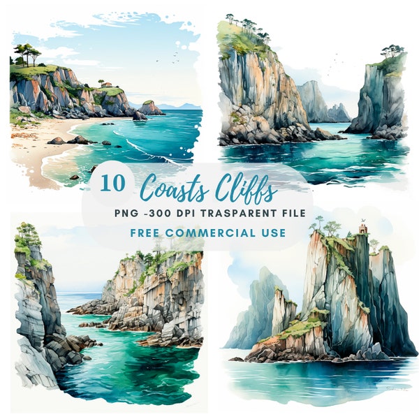 Coasts Cliffs Landscape Clipart PNG,Bundle 10 High Quality,Watercolor Cliff,Digital Download,Card Making,Mixed Media,Digital Paper Craft|215