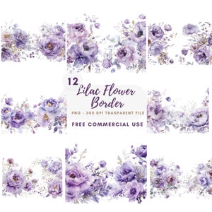 Bordo rosa fiore lilla, pacchetto clipart ghirlanda 12 PNG di alta qualità, ramo acquerello, adesivi stampabili, download digitale, carta digitale/471
