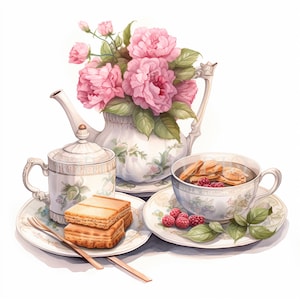 Clipart colazione vittoriana, bundle 13 PNG di alta qualità, tazza di tè ad acquerello, download digitale, creazione di cartoline, supporti misti, artigianato in carta digitale/379
