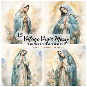 Clipart Vergine Maria, bundle 15 PNG di alta qualità, acquerello vintage Santa Maria, download digitale, creazione di cartoline, supporti misti, creazione di carta digitale/114
