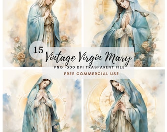 Virgin Mary Clipart,Bundle 15 High Quality PNG,Watercolor Vintage Holy Mary,Digital Download,Card Making,Mixed Media,Digital Paper Craft|114