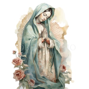 Clipart Nostra Signora Guadalupe, Bundle 14 PNG di alta qualità, Vergine Maria dell'acquerello, Download digitale, Creazione di cartoline, Supporti misti, Carta digitale/370