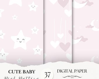 Pink Cute Baby Digital Paper Pack- 37 Nursery Scrapbook Junk Journal Papers -Seamless Patterns -Digital Background-Watercolor Paper Set |711