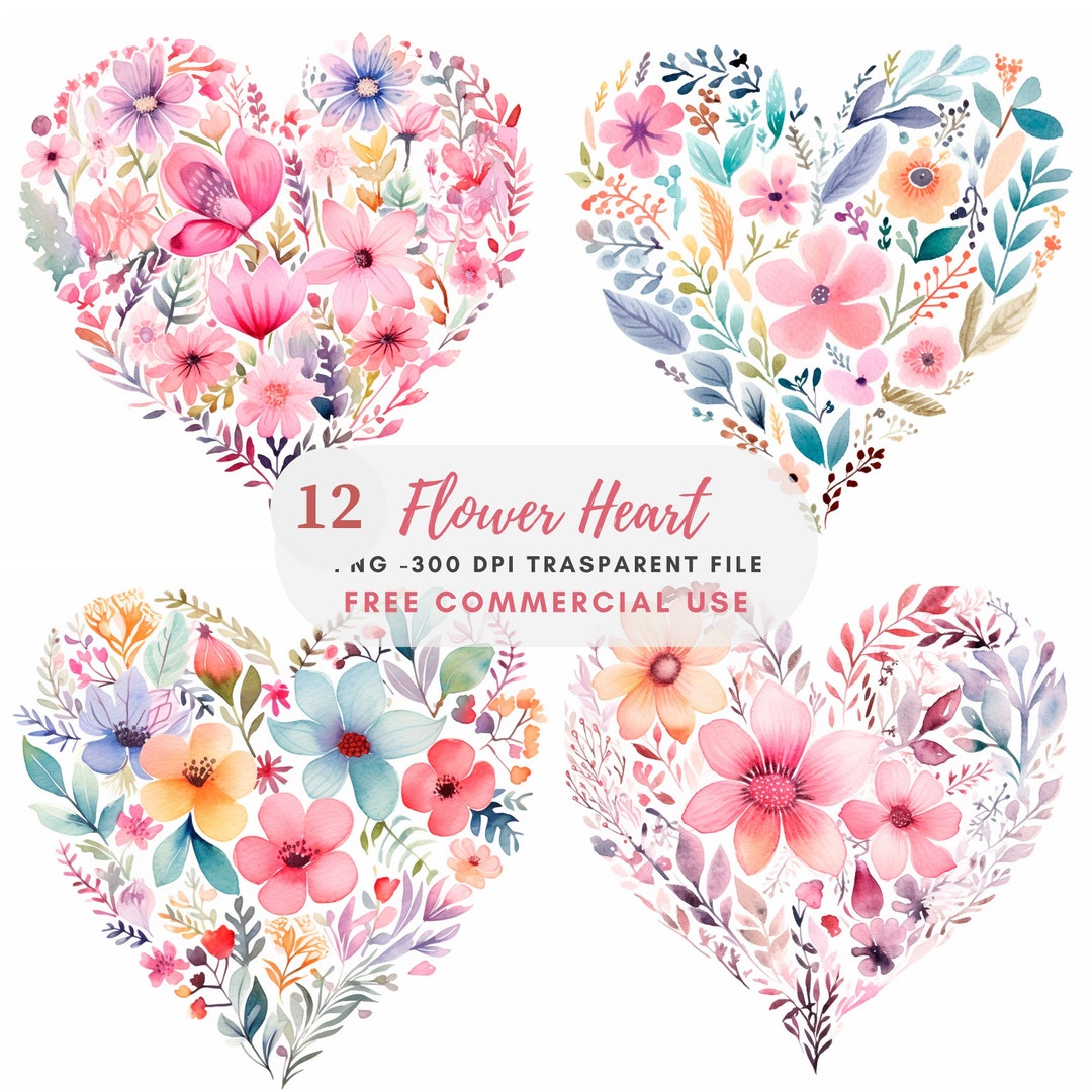 Flower Heart Clipart Bundle 12 High Quality PNG, Watercolor Garland ...