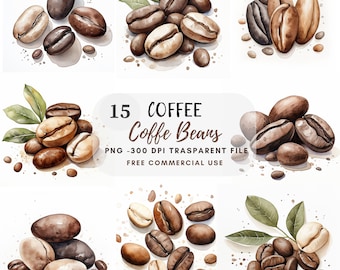 Peut inclure: 15 illustrations à l'aquarelle de grains de café dans différentes dispositions. Les grains sont bruns et beiges avec quelques feuilles et un fond brun clair. Le texte "15 COFFEE Coffe Beans PNG - 300 DPI TRANSPARENT FILE FREE COMMERCIAL USE" est au centre de l'image.