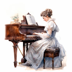 Donna vittoriana suonare il pianoforte Clipart PNG, Bundle 15 JPG di alta qualità, Download digitale, Creazione di carte, Mestiere di carta digitale, Adesivi stampabili / 138