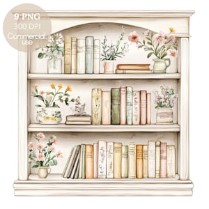 May include: Watercolor illustration of a white bookshelf filled with books and potted flowers. The books are in various colors and sizes, and the flowers add a touch of color. The text "9 PNG 300 DPI Commercial use" is in the upper left corner.