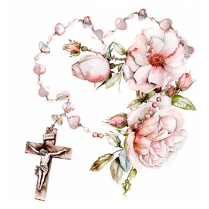Pacchetto di clipart rosario di fiori 18 PNG di alta qualità, croce acquerello, adesivo, download digitale, creazione di carte, supporti misti, artigianato in carta digitale/ 237