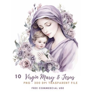 Vergine Maria Clipart, Pacchetto 10 PNG di alta qualità, Acquerello lilla Santa Maria, Adesivi stampabili Goodnotes, Download digitale, Carta digitale /631