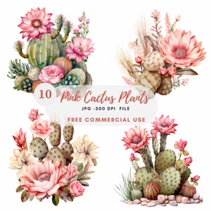 Paquete de imágenes prediseñadas de cactus rosa 10 JPG de alta calidad, decoración del hogar en acuarela, pegatina imprimible, descarga digital, fabricación de tarjetas, artesanía de papel digital/345