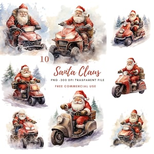 Puede incluir: Ilustraciones en acuarela de Papá Noel conduciendo varios vehículos, incluyendo quads y scooters, en una escena invernal nevada. Papá Noel lleva su traje y gorro rojos tradicionales. La imagen incluye el texto "Santa Claus" y "Free Commercial Use".