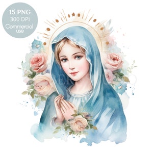 Clipart Vergine Maria, bundle 15 PNG di alta qualità, acquerello nostra Santa Maria, download digitale, creazione di cartoline, supporti misti, creazione di carta digitale/372