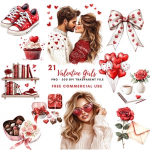 Paquete de 21 imágenes prediseñadas de chica de San Valentín en formato PNG de alta calidad/mujer amante de la acuarela/descarga digital, pegatinas imprimibles Goodnotes/725