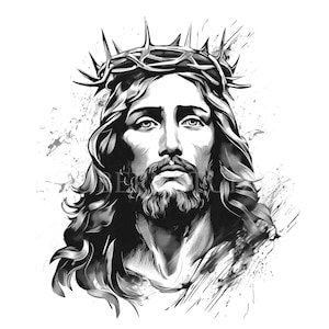 May include: A black and white illustration of Jesus Christ wearing a crown of thorns. The image is stylized and has a painterly effect.