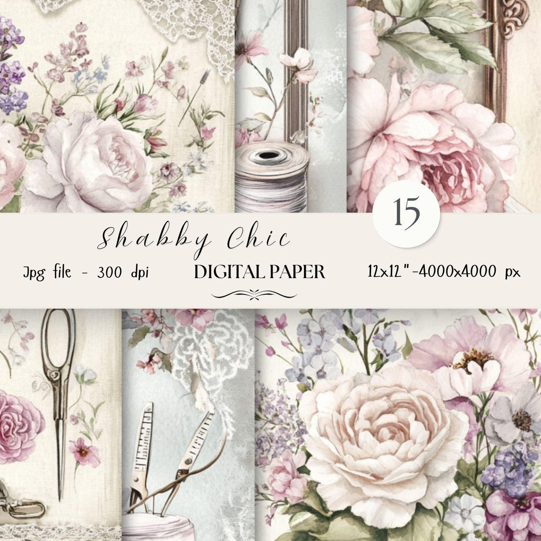 Shabby Chic Digital Paper Pack -15 Sewing Pages Scrapbook Junk Journal ...