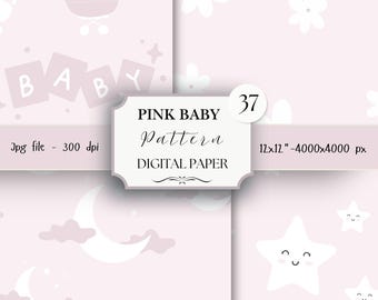 Pink Cute Baby Digital Paper Pack- 37 Nursery Scrapbook Junk Journal Papers -Seamless Patterns -Digital Background-Watercolor Paper Set |711
